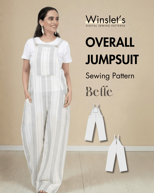 Overalls Jumpsuit PDF Women's Sewing Pattern 'Belle' with wide-leg pants, chest pocket, and strappy bib front in striped woven fabric.