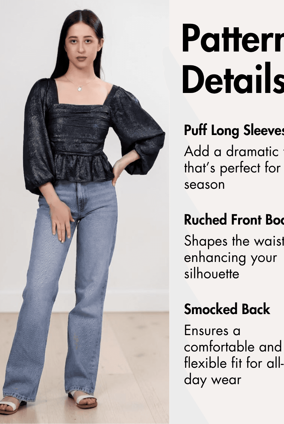 Women's black puff long sleeve blouse with square neckline and gathered hem