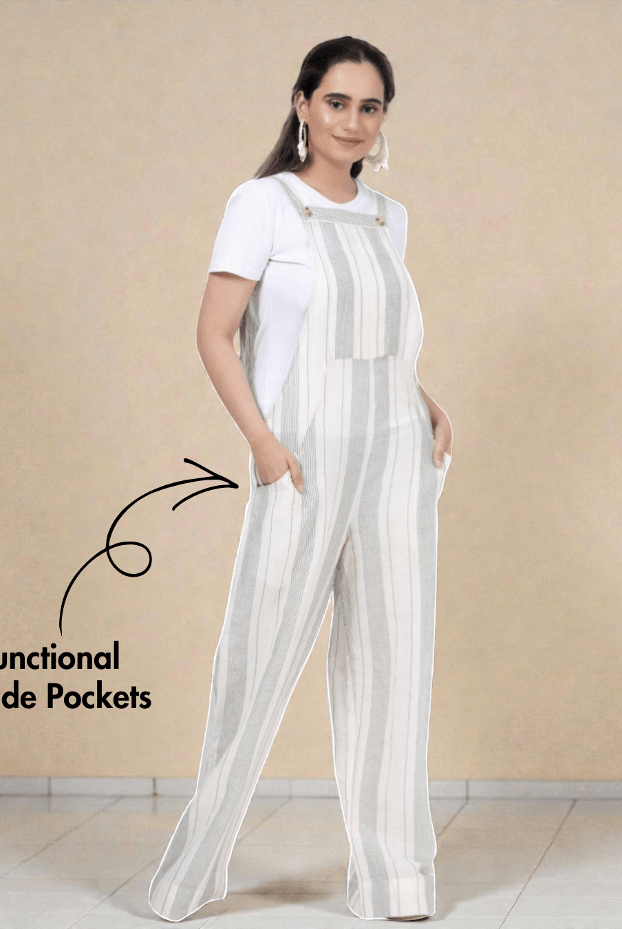 Strappy bib overall jumpsuit sewing pattern featuring functional side pockets and wide-leg design, ideal for casual woven fabric outfits.
