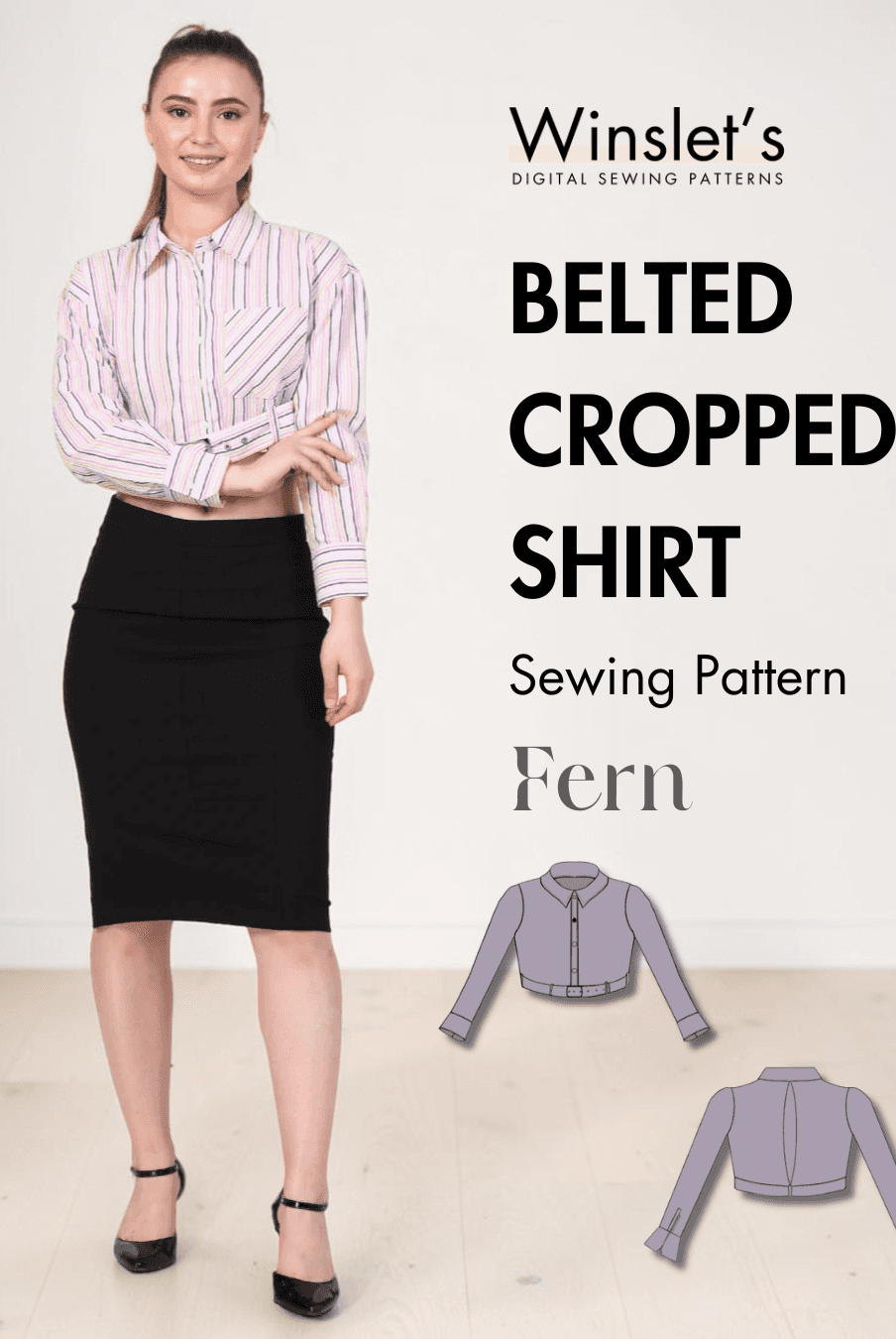 Women's belted cropped shirt sewing pattern with long sleeves, classic point collar, button-down front, yoke, and belt details