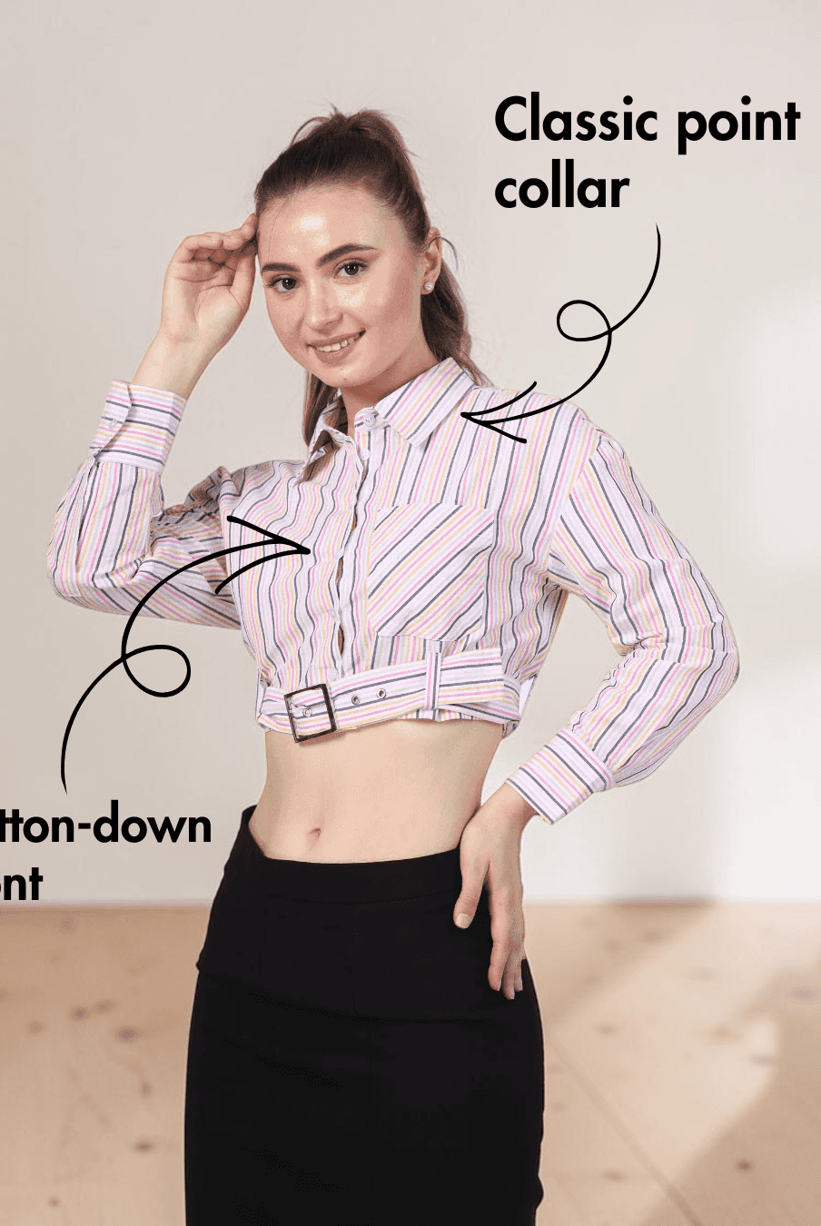 Close-up of women's plaid belted cropped shirt with collar, buttons, and belt detail