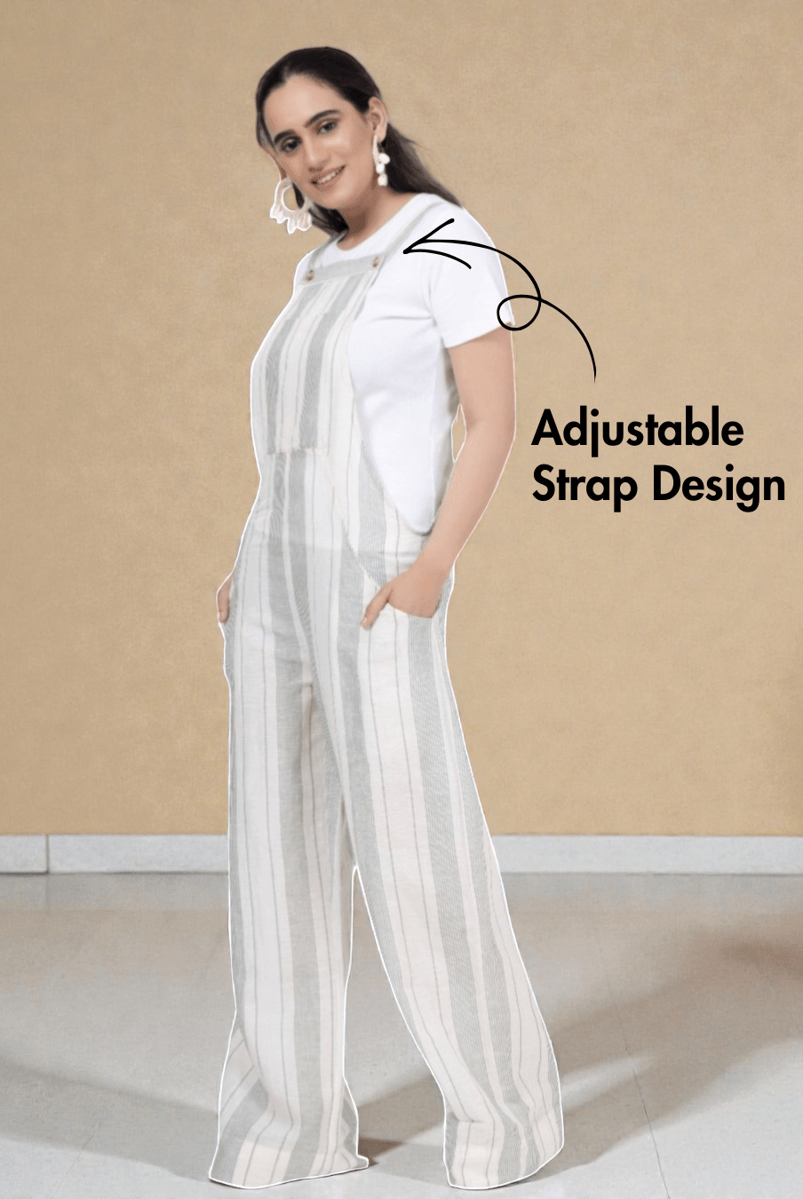 Adjustable strap design on 'Belle' overall jumpsuit PDF sewing pattern with wide-leg pants and front bib, perfect for woven fabrics.