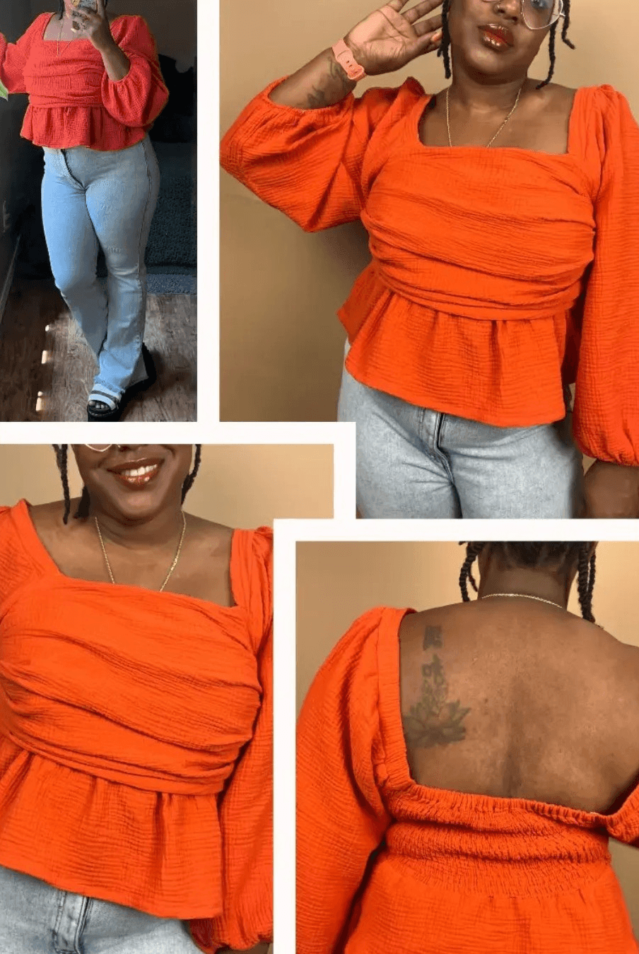 Women's orange peplum top sewing pattern with gathered hem and puff long sleeves
