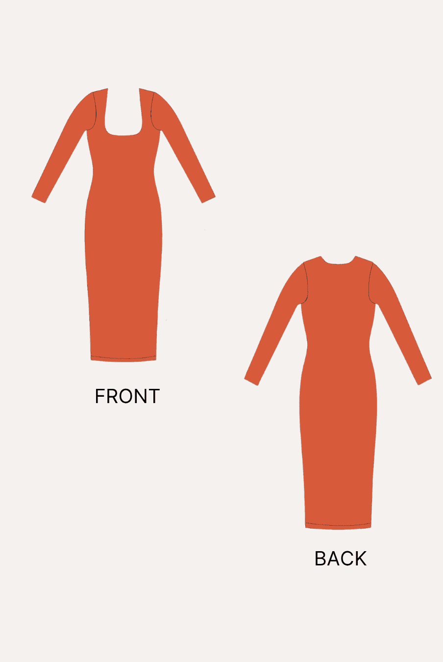 Dress sewing pattern illustrations front and back views for Bodycon Midi Dress Finch