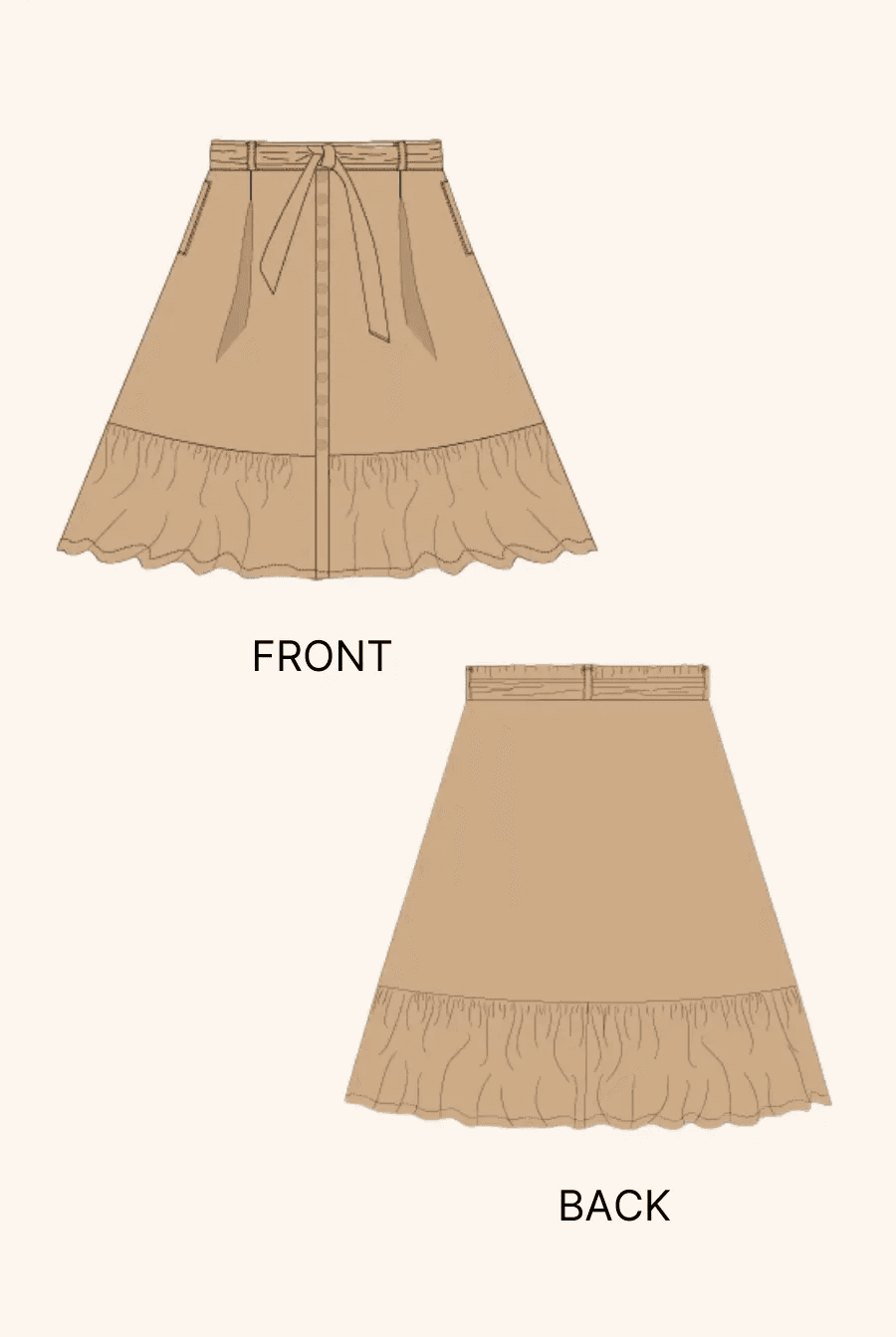 Technical illustration of the front and back views of the maxi skirt sewing pattern. Features include a belted waist, buttoned front, and ruffled hem.