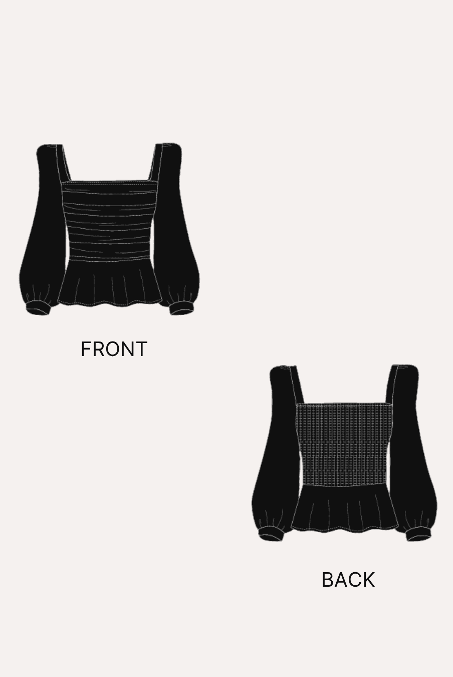 Technical drawing of women's puff long sleeve blouse with front and back views