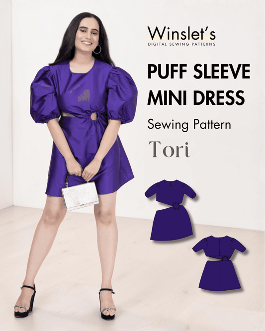 Purple puff sleeve mini dress sewing pattern with cutout ring detail