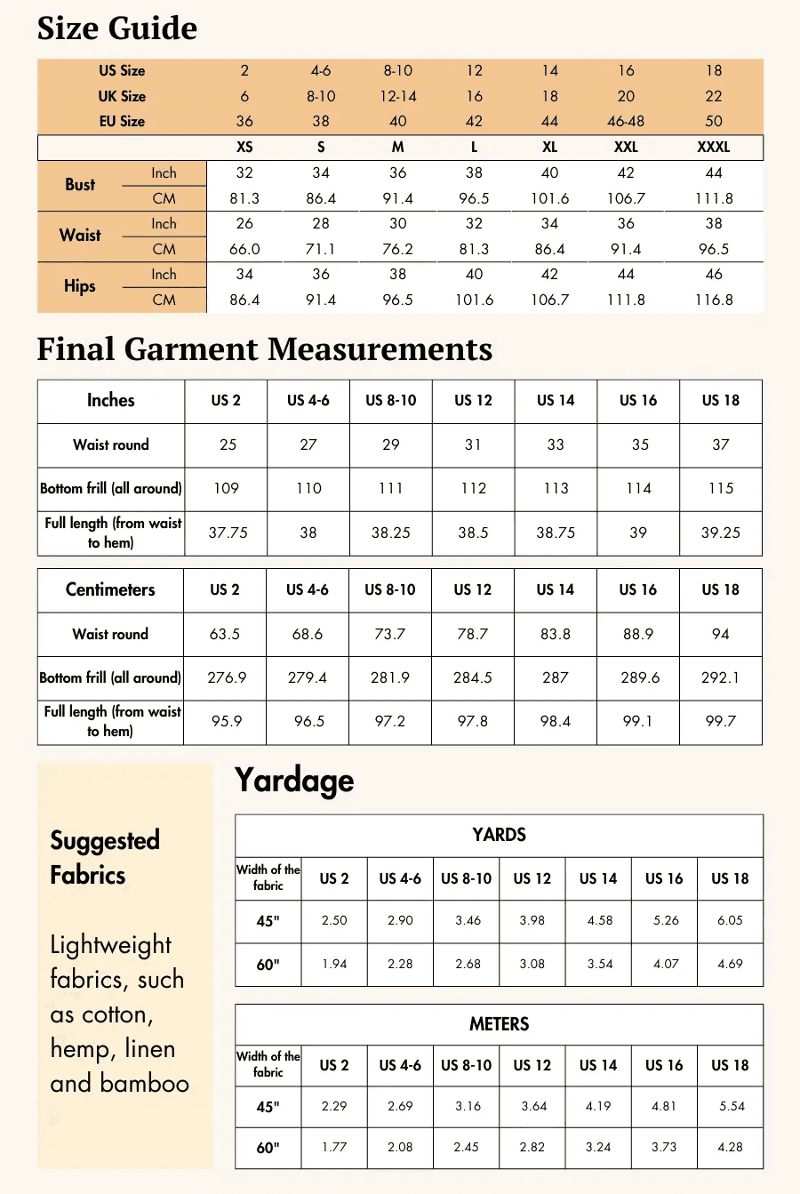 Size guide and fabric recommendations for the maxi skirt sewing pattern. Includes measurements in inches and centimeters for various sizes.