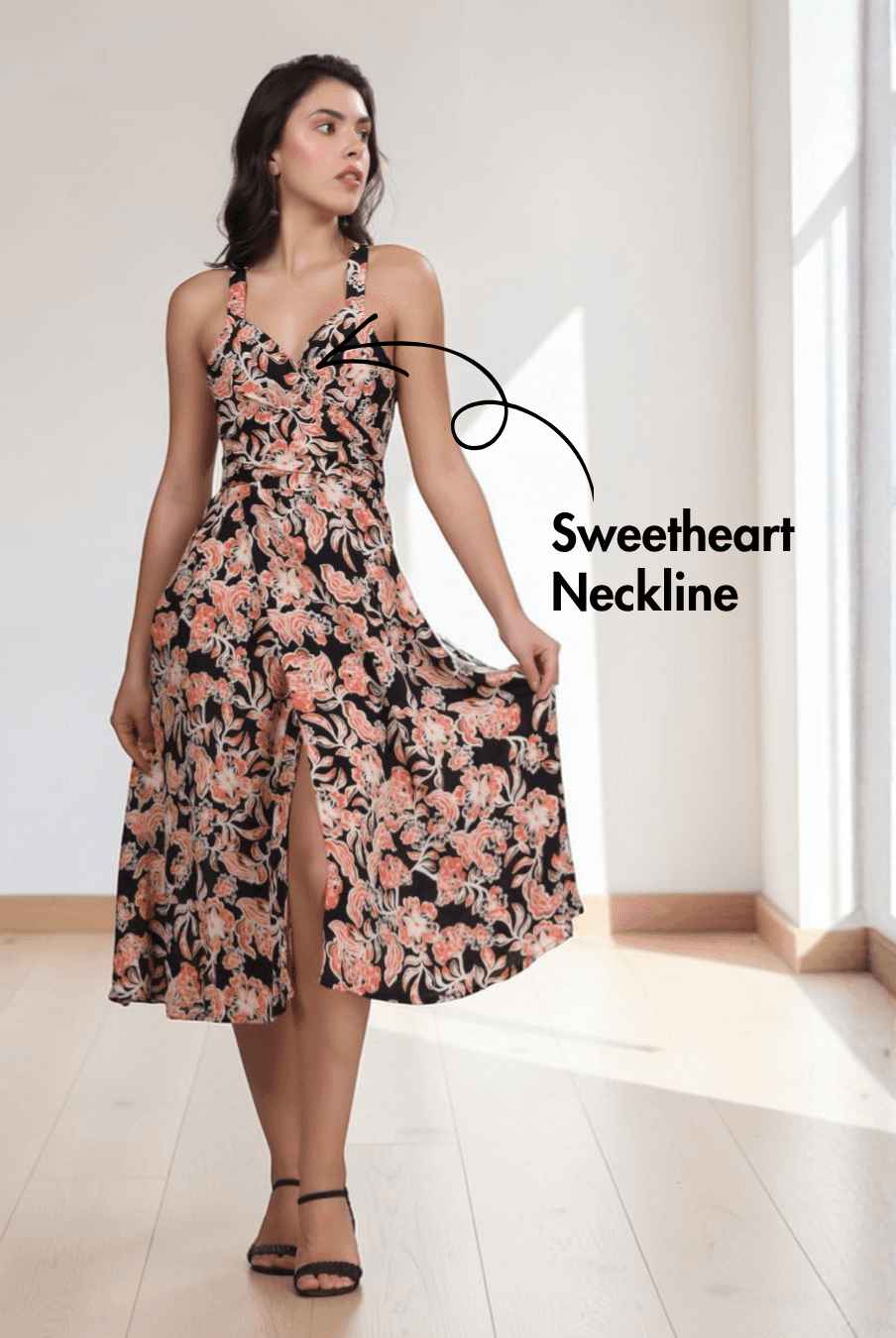 Model wearing Wrap Dress 'Camellia' with sweetheart neckline and midi length