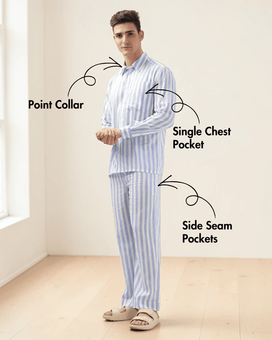 Men's striped pajama top with point collar and matching pants sewing pattern, side view