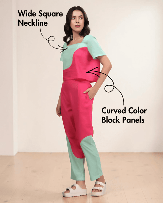 Side view of women's color block coord set with elasticized waist and side seam pockets