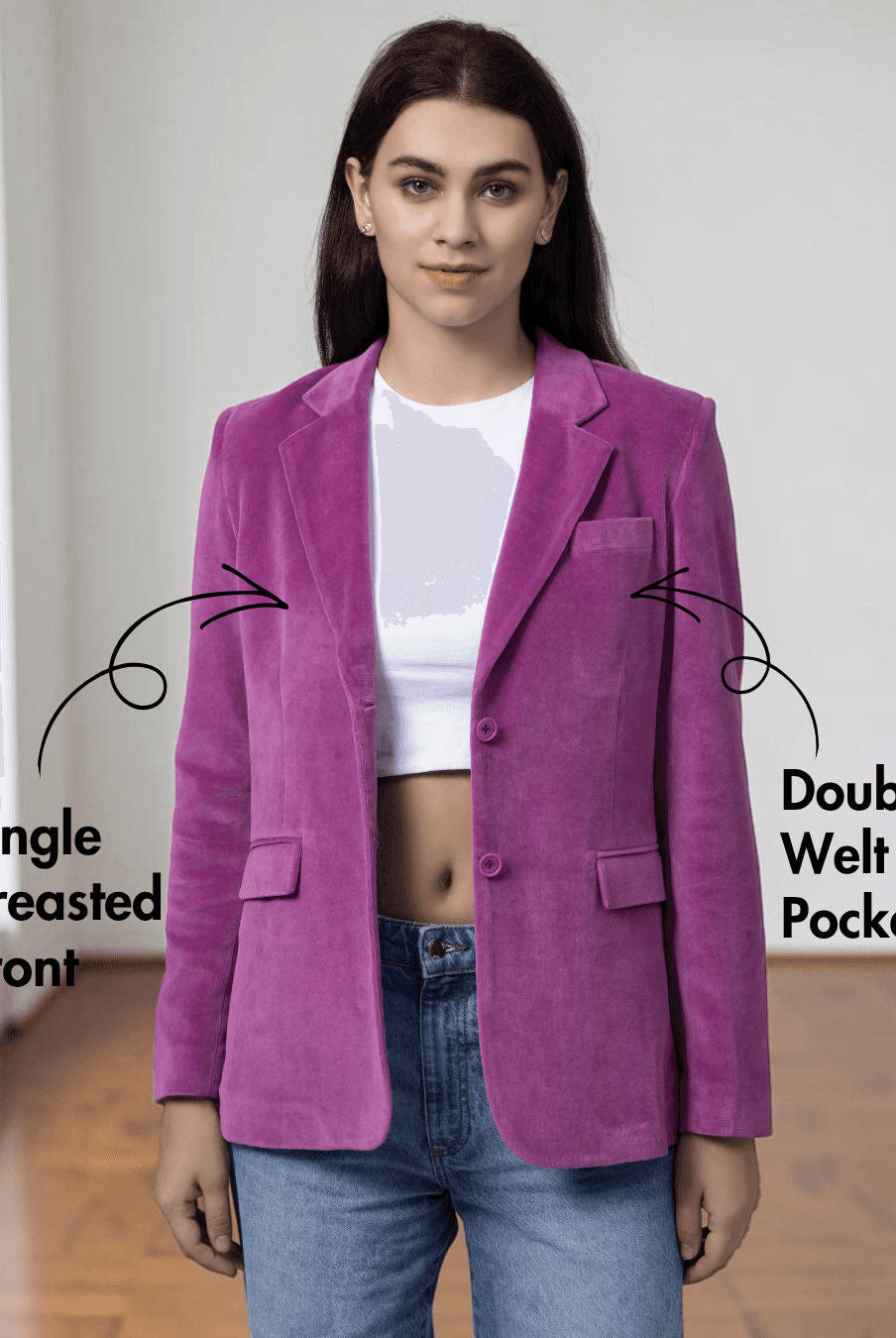 Close-up of women's pink blazer with single-breasted front and double welt pockets