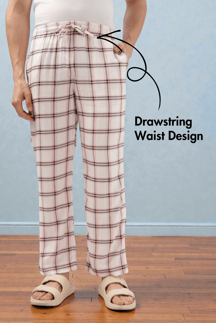 Close-up of Men's Lounge Pajama Pants Sewing Pattern 'Dan' showing adjustable drawstring waist for comfort and customization in loungewear sewing.