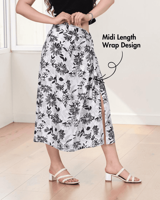 Close-up of floral twist knot midi skirt with slit