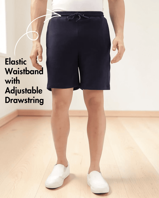 Close-up of men's athletic shorts sewing pattern with adjustable drawstring and side pockets