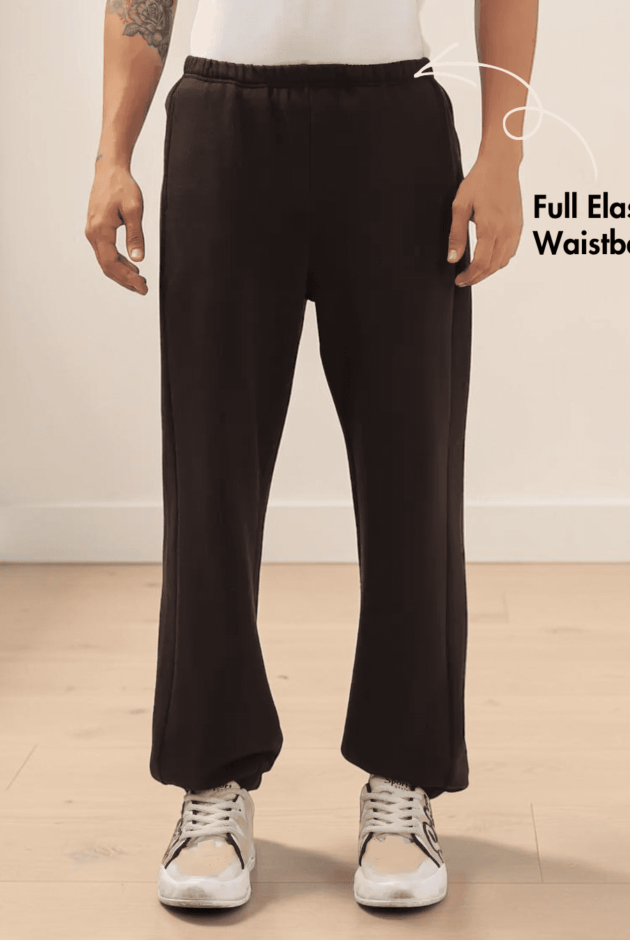 Close-up of men's joggers sewing pattern with full elastic waistband and side seam pockets