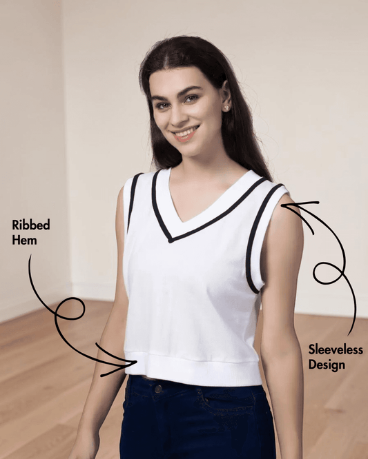 Sleeveless sweater vest with V-neck and ribbed armholes