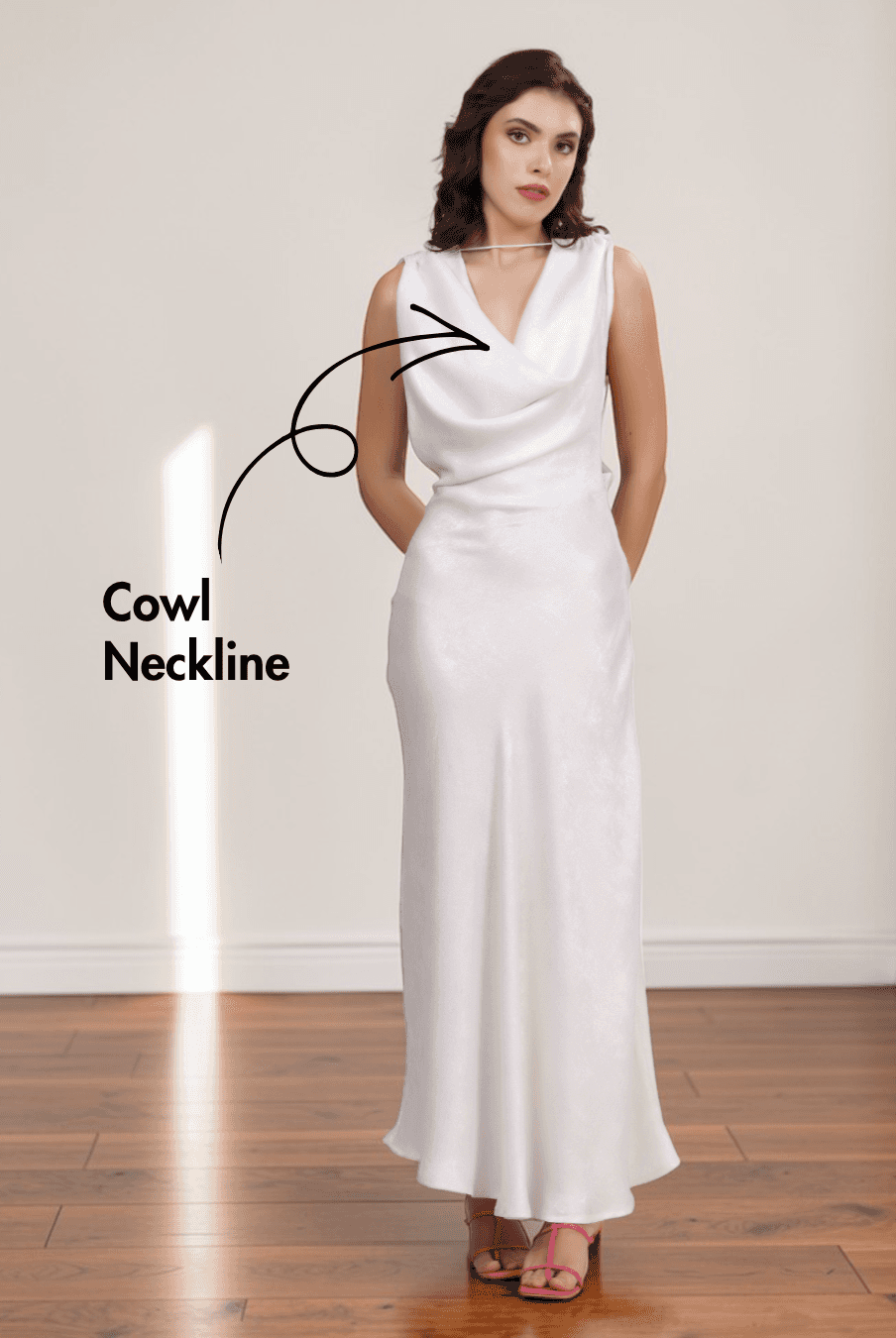 Backless ivory maxi dress with cowl neckline sewing pattern