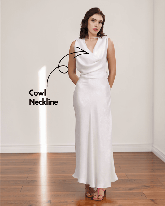 Backless ivory maxi dress with cowl neckline sewing pattern