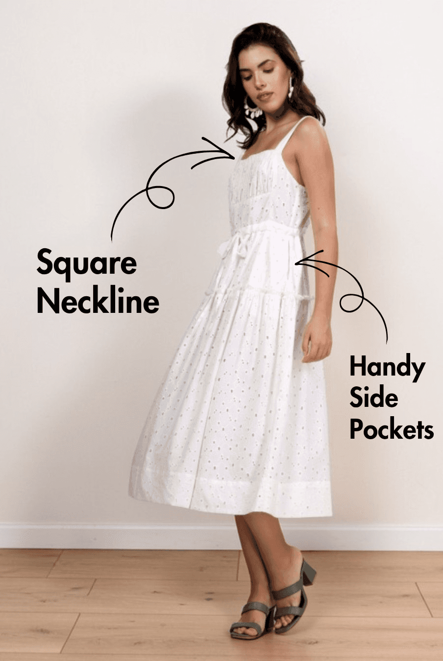 Model wearing white sundress with square neckline, adjustable straps, and side pockets, showcasing the Fiona sewing pattern