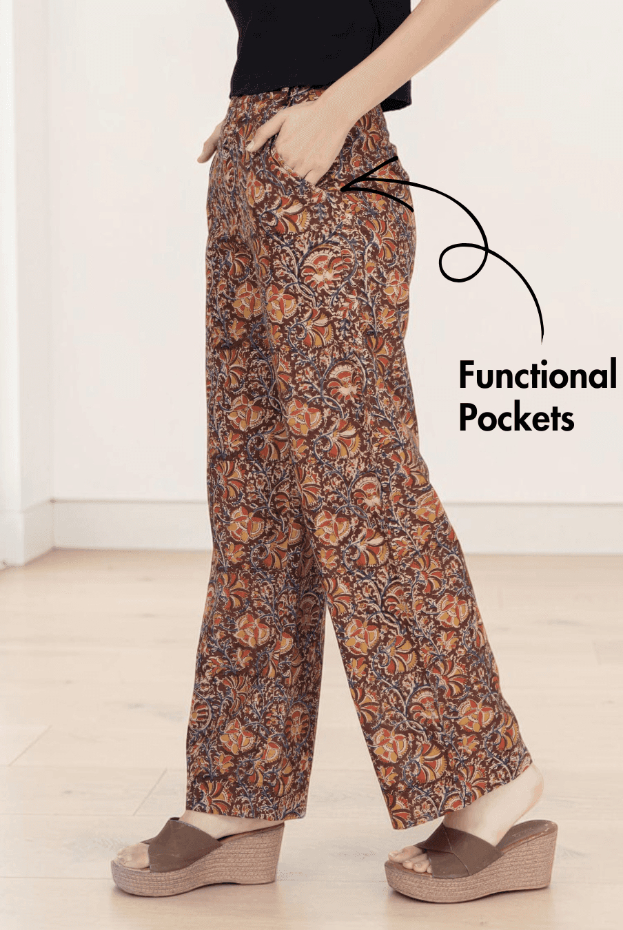 Women's wide leg pants with functional pockets and high waist in floral print