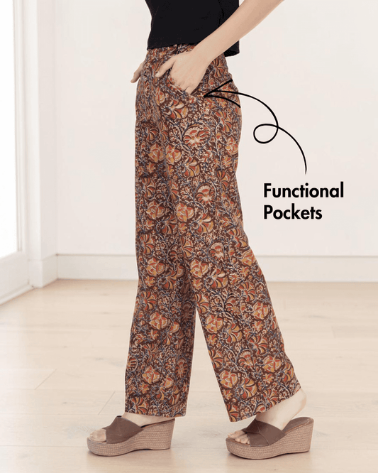 Women's wide leg pants with functional pockets and high waist in floral print