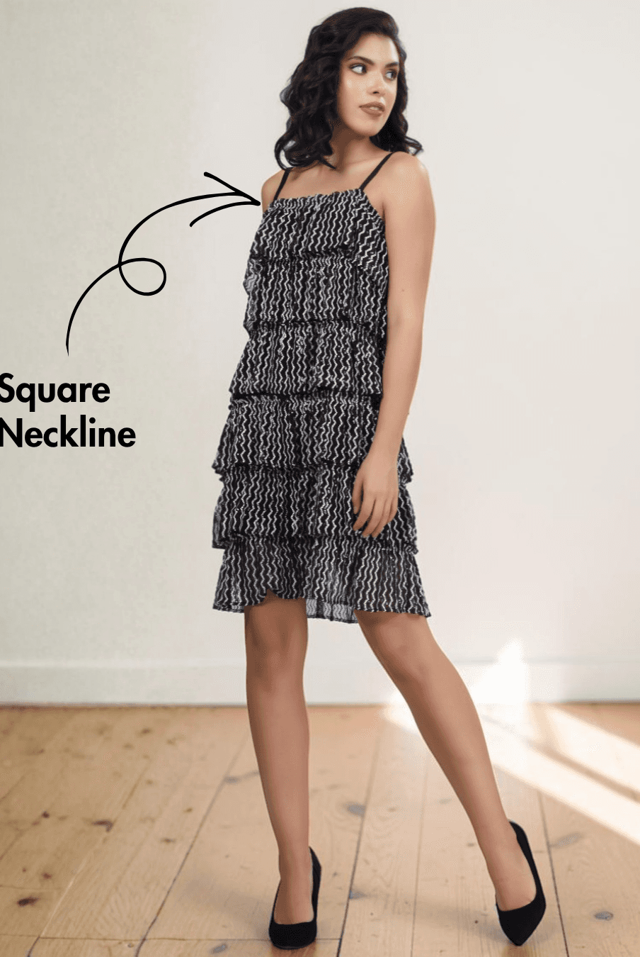 Close-up of square neckline and adjustable shoulder straps on tiered frill dress pattern