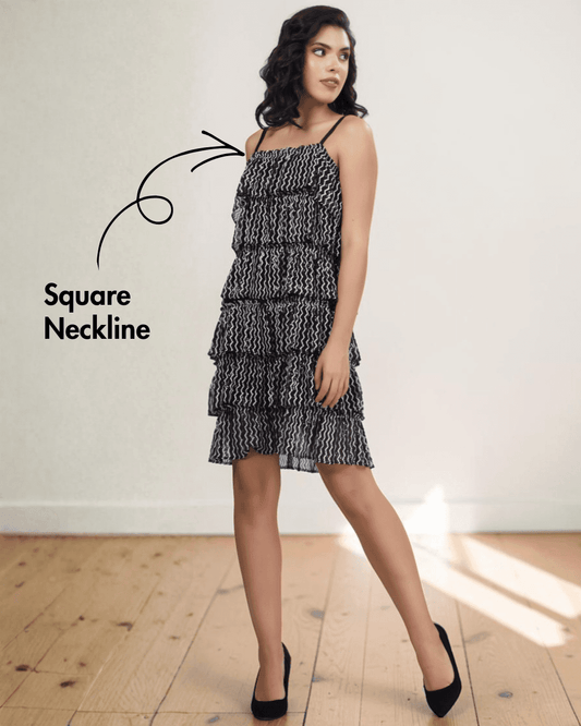 Close-up of square neckline and adjustable shoulder straps on tiered frill dress pattern