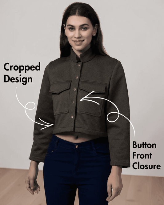 Model wearing cropped jacket with flap chest pockets and button front closure