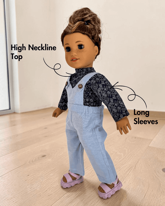 Dolls Brooke sewing pattern with high neckline top and straight-fit overalls
