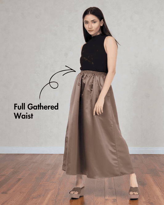 Full gathered waist maxi skirt in taupe satin fabric