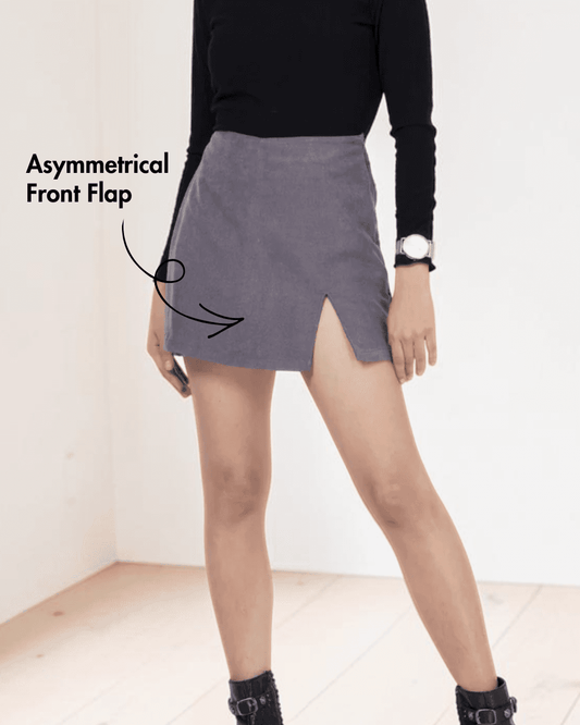Gray mini skort with back pockets and side zip closure