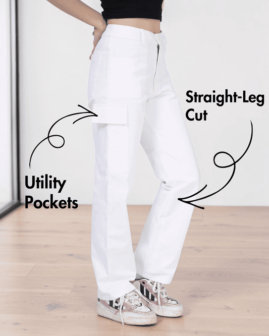 Close-up of women's cargo pants with utility pockets and straight-leg design