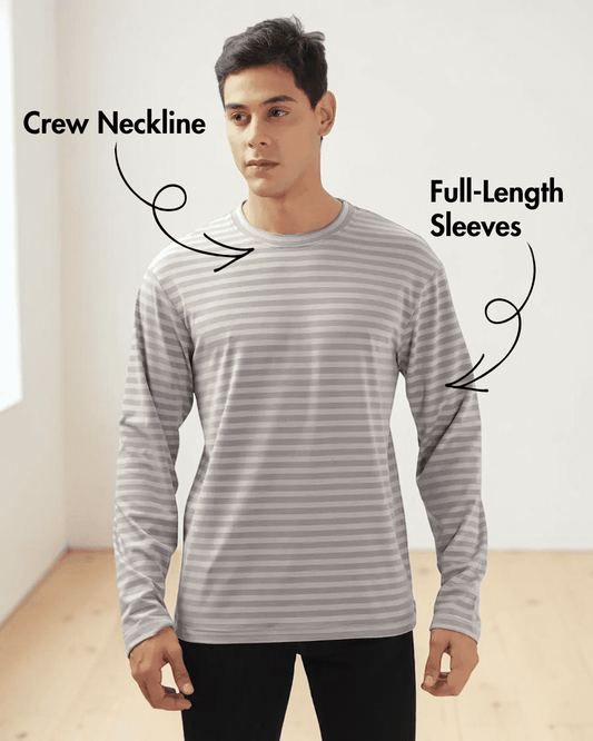 Model wearing men's long sleeve T-shirt sewing pattern