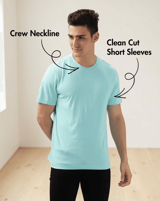 Close-up of men's turquoise T-shirt sewing pattern showing classic design with clean-cut short sleeves