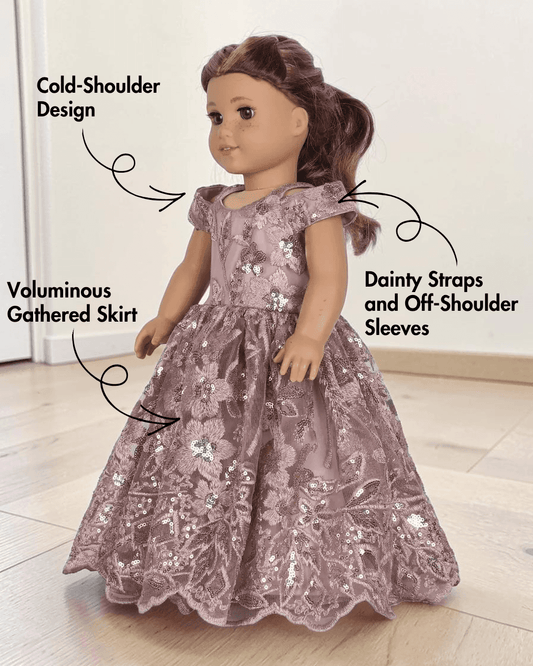 Side view of doll princess gown with zip closure and lace hem for 18-inch dolls