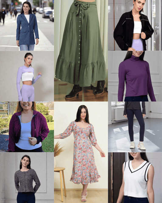 Winter Wardrobe Bundle preview showing finished garments from 10 sewing patterns like hoodie, maxi skirt, windbreaker, and sweater vest.