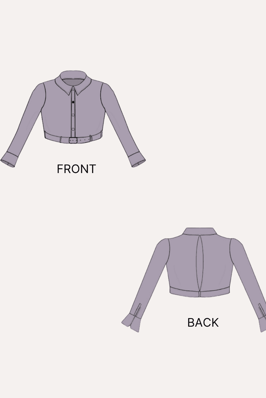 Front and back view of a belted cropped shirt sewing pattern 'Fern' for women's clothing