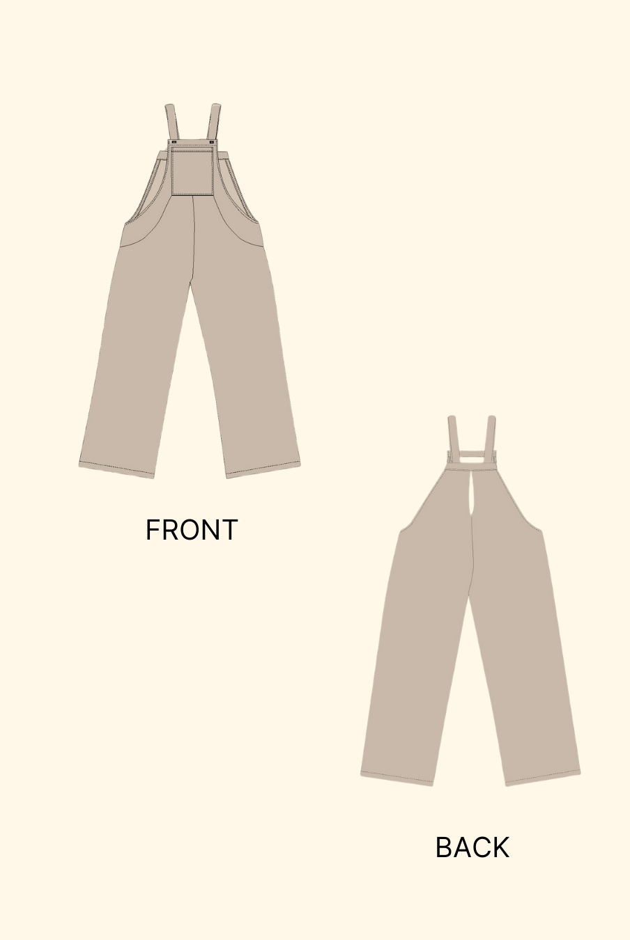 Technical sketch of the 'Belle' overalls jumpsuit sewing pattern showing front and back views with wide-leg pants and square bib front.