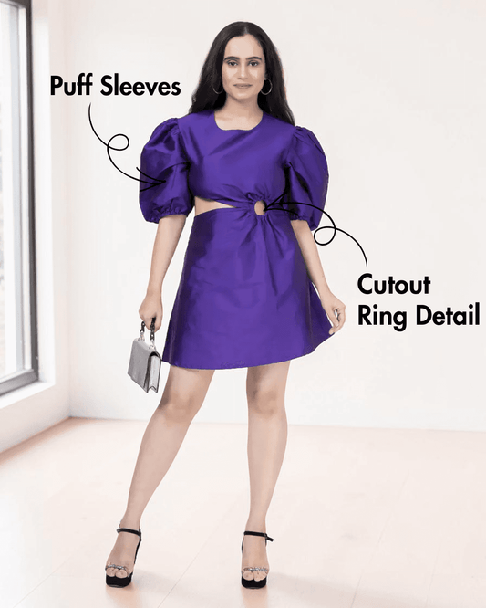 Purple puff sleeve mini dress sewing pattern with cutout ring detail, front view