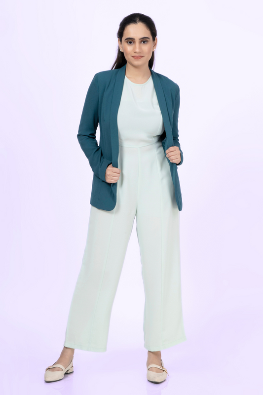 Formal jumpsuit styled with a blazer, featuring a sleeveless fitted bodice and wide-leg pants. Ideal for professional and elegant looks.