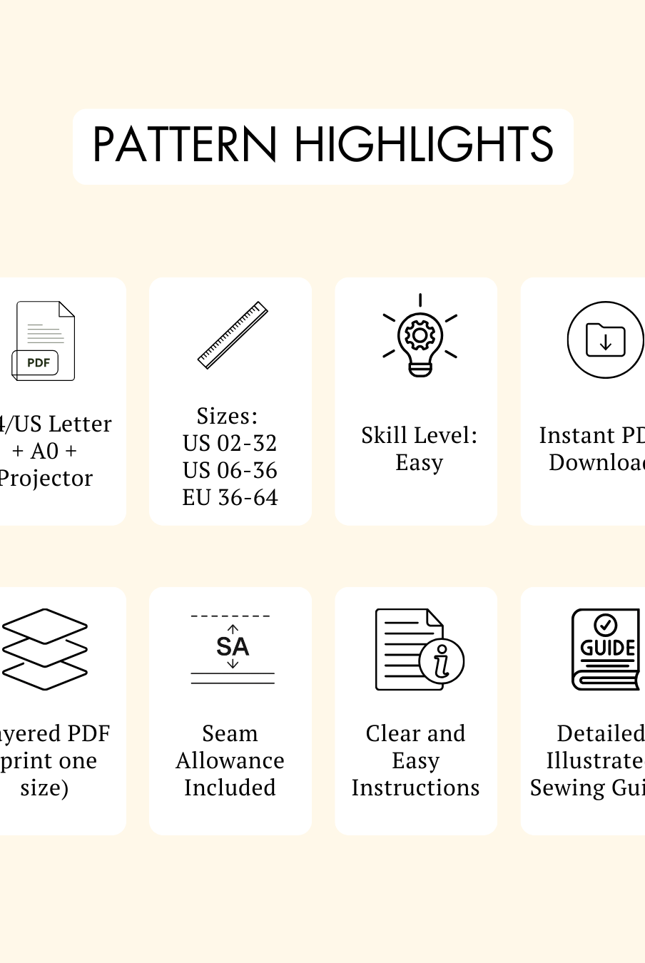 Pattern highlights for the 'Belle' overalls jumpsuit PDF sewing pattern, including sizes 0-32, easy skill level, and layered PDF with sewing guide.