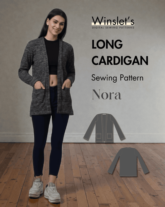 Long Cardigan PDF Women's Sweater Sewing Pattern 'Nora' with open front, long sleeves, and front pockets, modeled in dark knit fabric.
