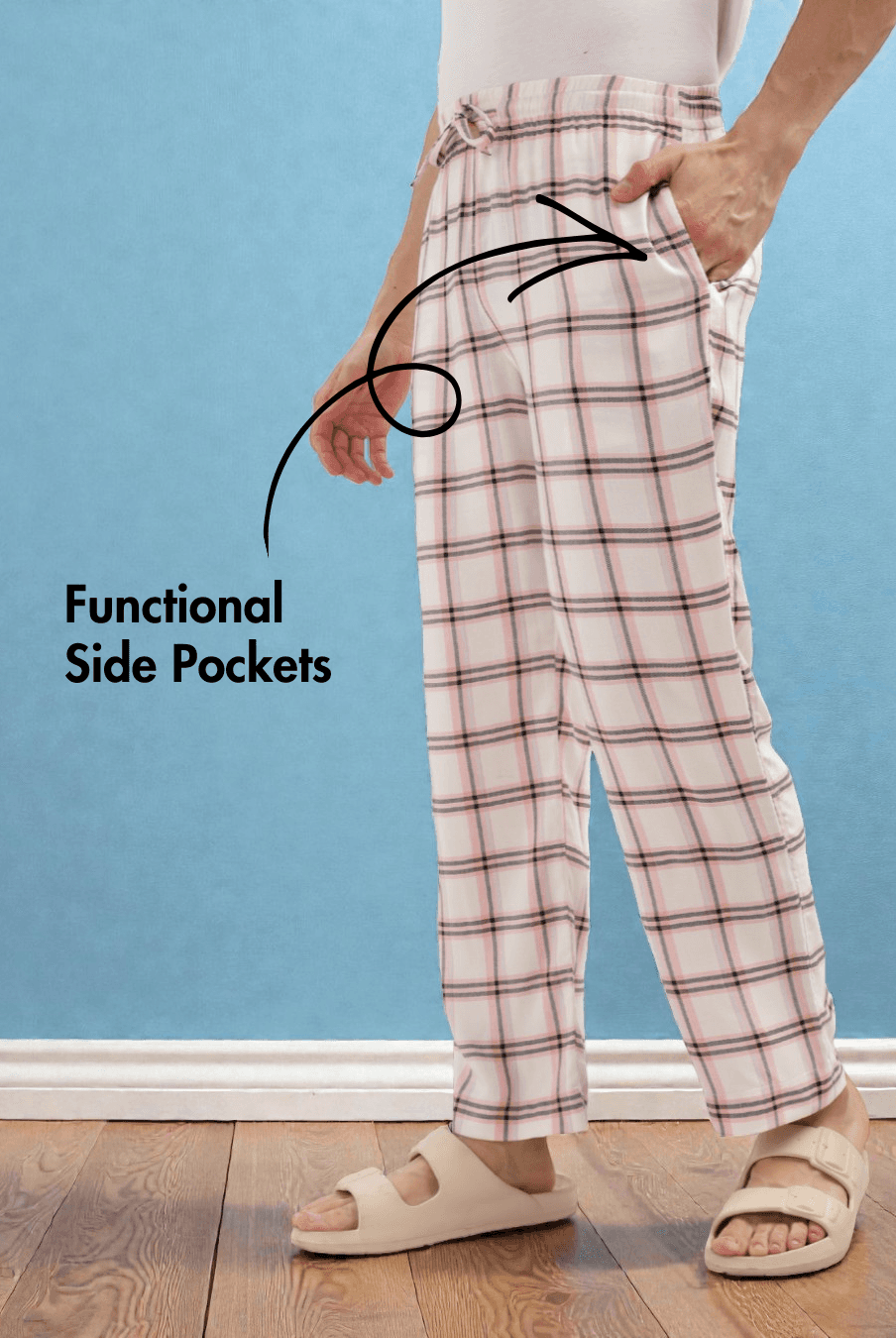 Side view of Men's Lounge Pajama Pants Sewing Pattern 'Dan' highlighting functional side pockets for added convenience in handmade loungewear.