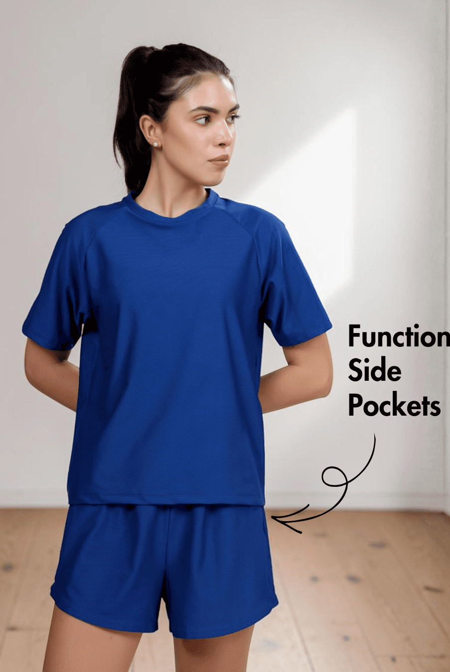 Close-up of blue raglan T-shirt with pattern details