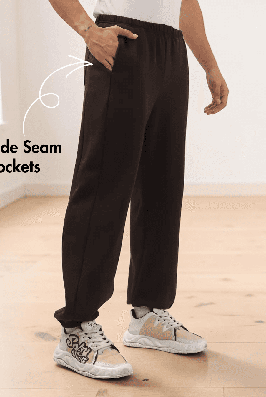 Side view of men's joggers sewing pattern with patch pockets and relaxed straight-leg silhouette