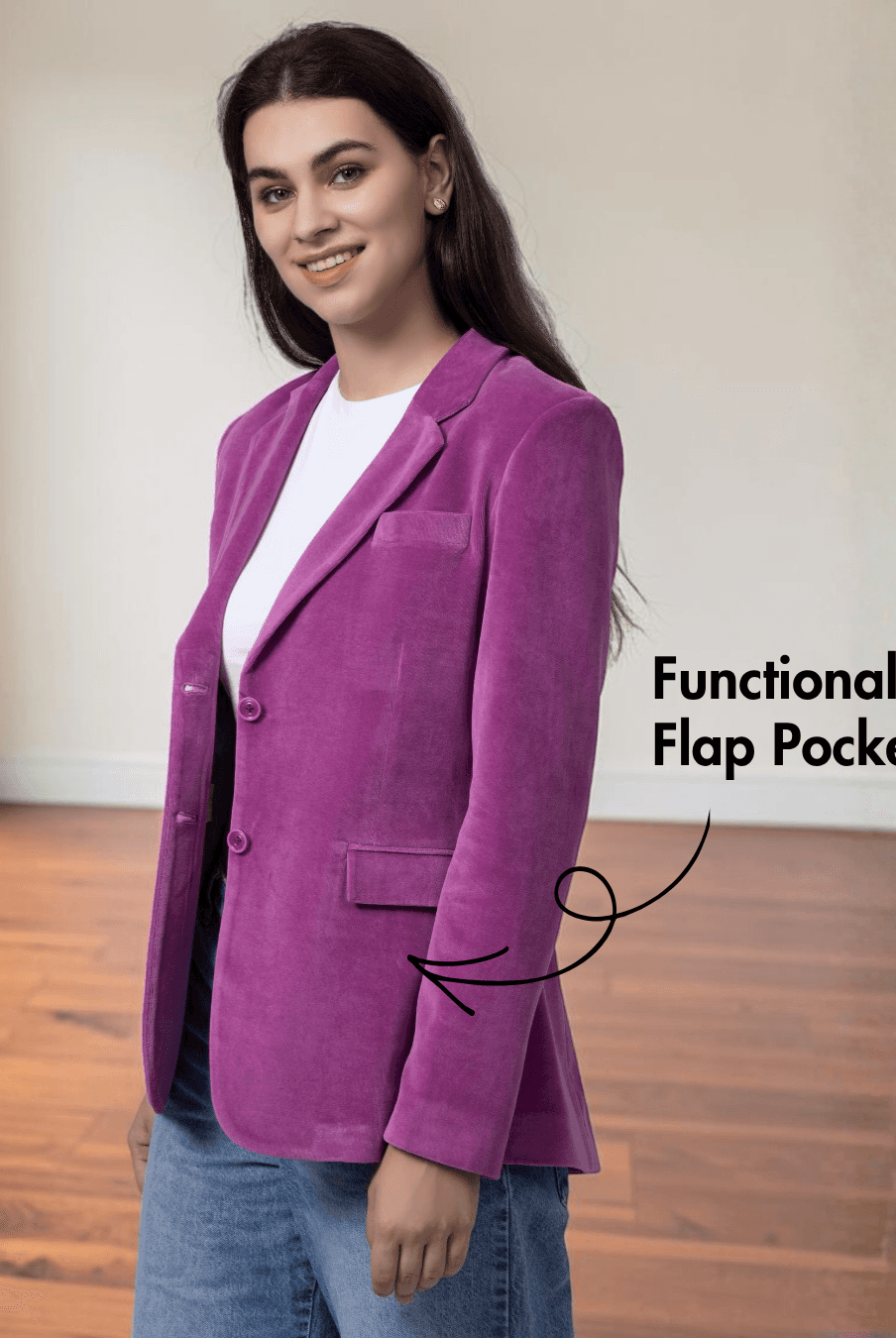 Close-up of women's pink blazer with single-breasted front and double welt pockets