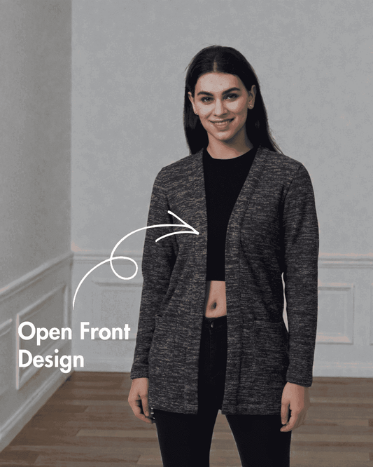 Open front design showcased on the Long Cardigan 'Nora' PDF sewing pattern, ideal for layering in fall and winter.