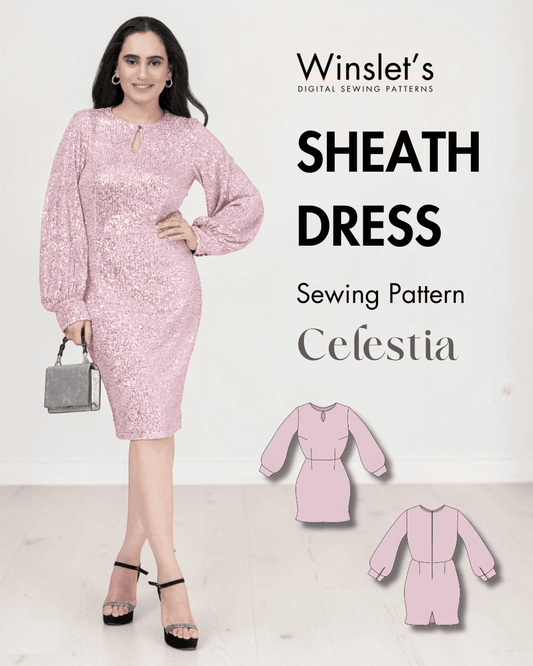 Pink sequin sheath dress with keyhole neckline and long bishop sleeves