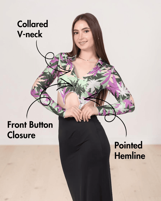 Front view of model in pointed hem crop top with collar and long sleeves